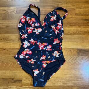 Tommy Hilfiger Womens 10 Blue Pink Floral Deep V One Piece Swimsuit bathing Suit